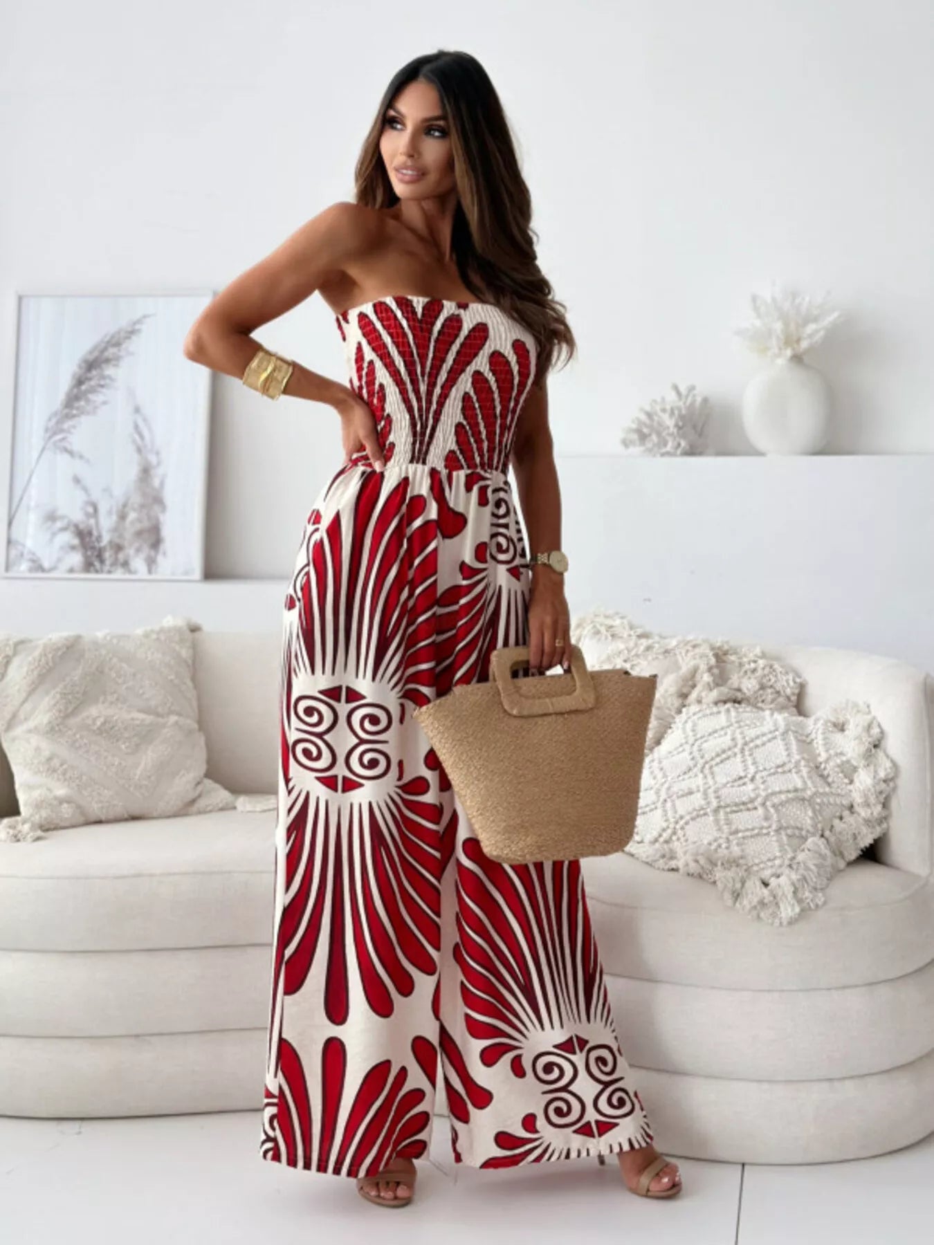 Printed Strapless Wide-Leg Jumpsuit