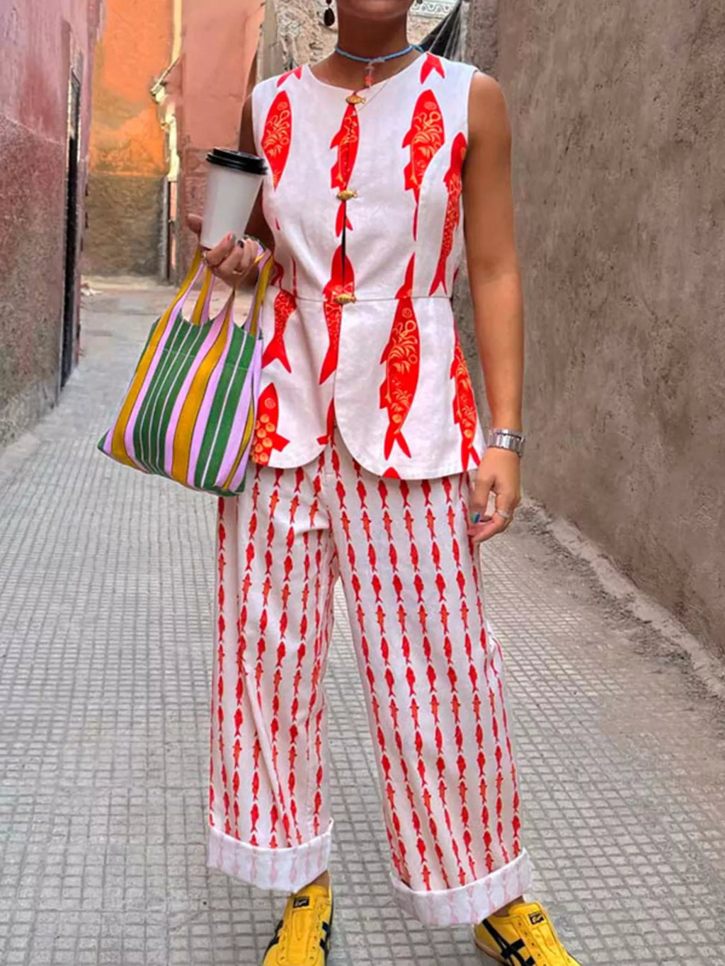 Fish Print Sleeveless Top and Pants Set