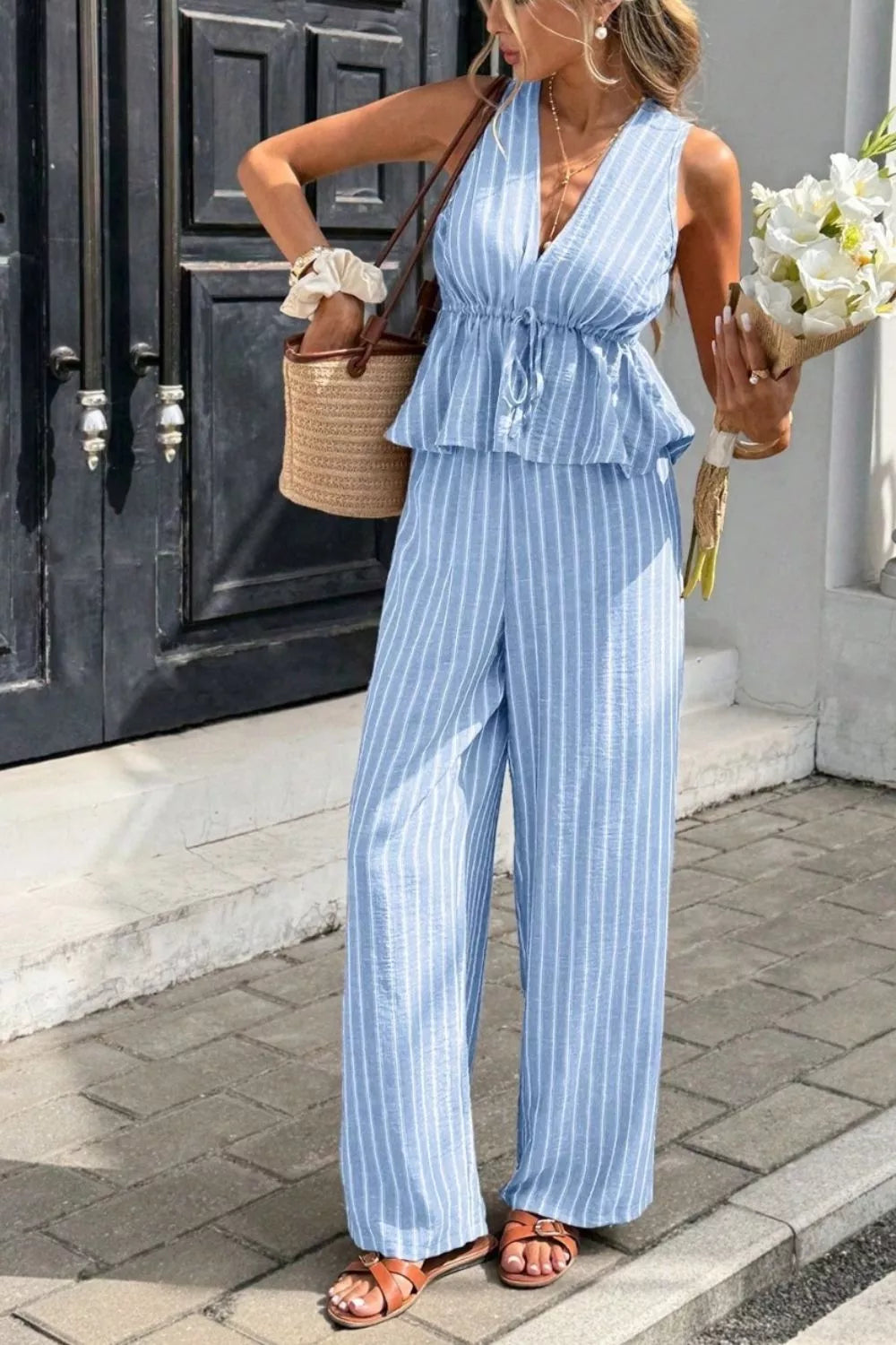 Striped Sleeveless Top and Wide Leg Pants Set