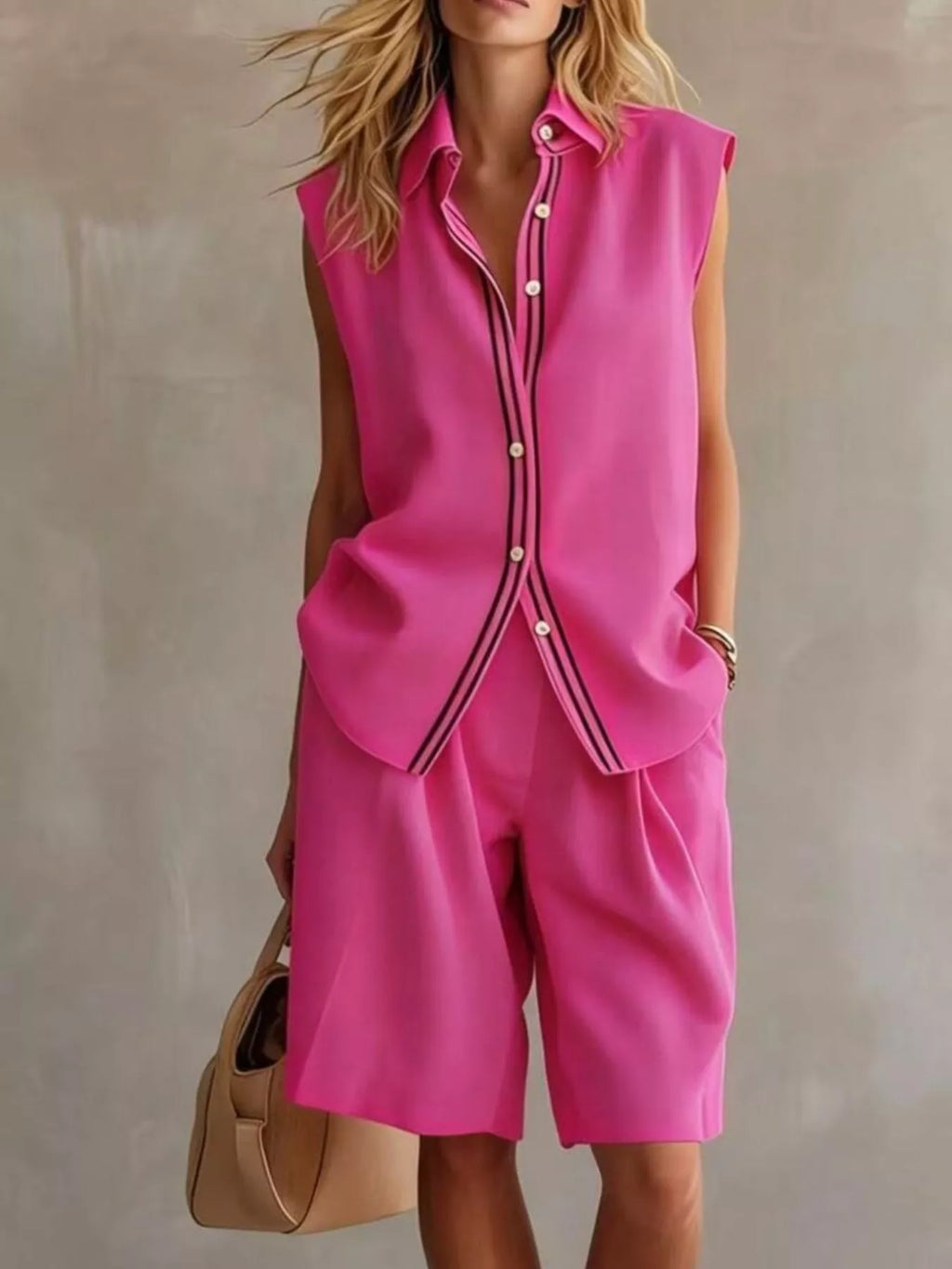 Sleeveless Button Up Top and Shorts Set