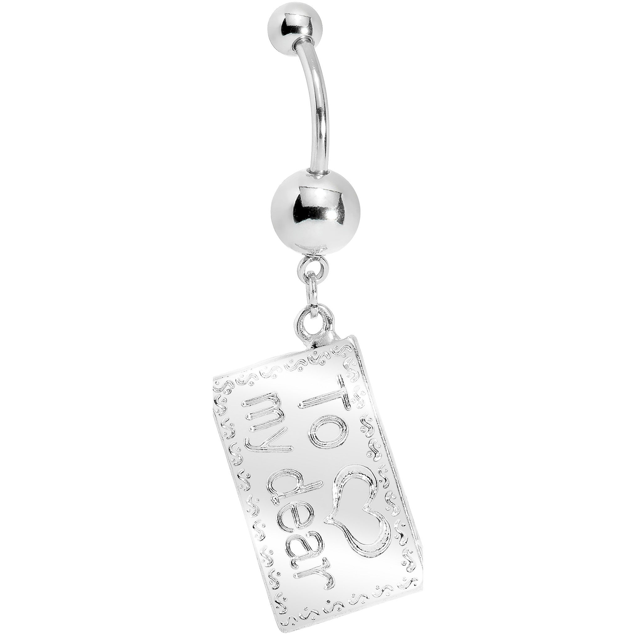 BodyCandy Fuchsia Gem Love Letter Dangle Belly Ring — detail close-up