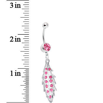 BodyCandy Pink Gem Shimmering Leaf Dangle Belly Ring — detail close-up