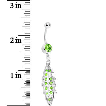 BodyCandy Green Gem Shimmering Leaf Dangle Belly Ring — detail close-up