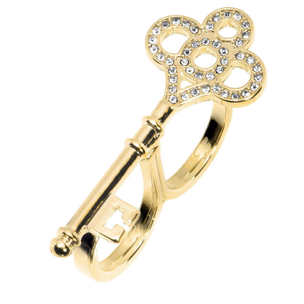 BodyCandy Gold Tone Crystalline Skeleton Key Double Finger Ring — main product shot