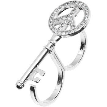 BodyCandy Silver Tone Peace Sign Shaped Key Double Finger Ring — detail close-up
