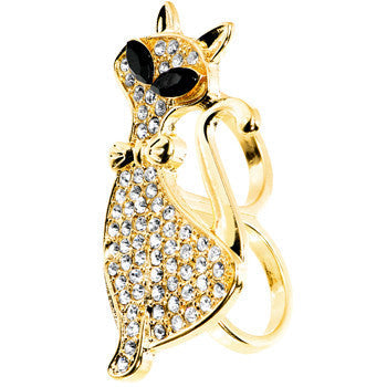 BodyCandy Gold Tone Crystalline Fashion Feline Double Finger Ring — detail close-up