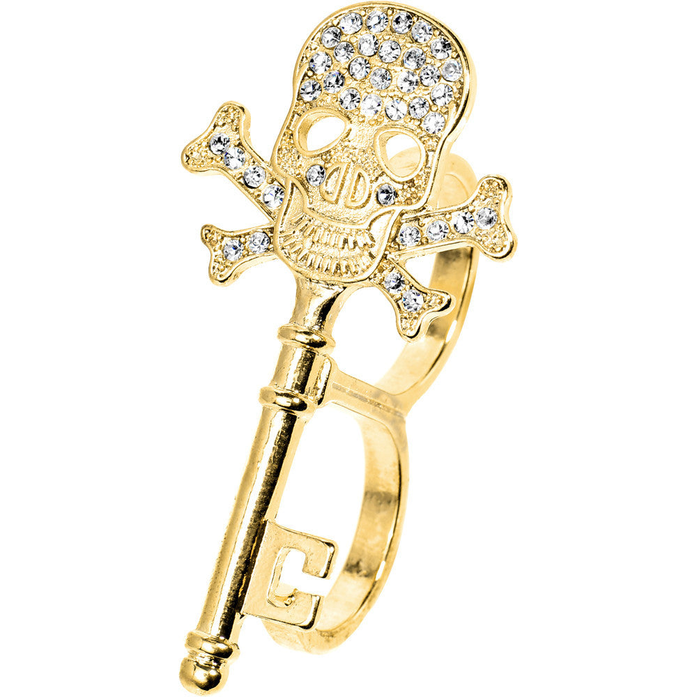 BodyCandy Gold Tone Crystalline Skull & Cross Bones Double Finger Ring — main product shot