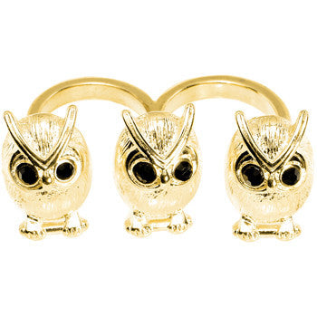 BodyCandy Gold Tone Owl Trio Double Finger Ring — detail close-up