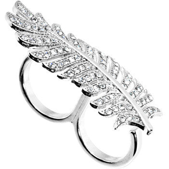 BodyCandy Silver Tone Crystalline Feather Double Finger Ring — detail close-up