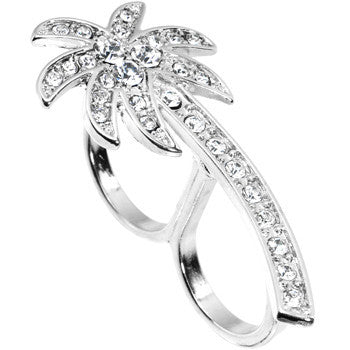 BodyCandy Silver Tone Crystalline Tropical Palm Tree Double Finger Ring — detail close-up