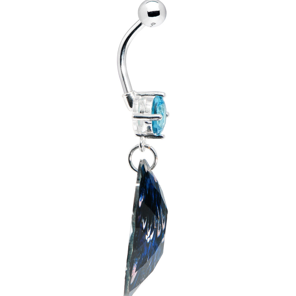 BodyCandy Prong Set Blue Gem Paradise Feather Oval Dangle Belly Ring — detail close-up