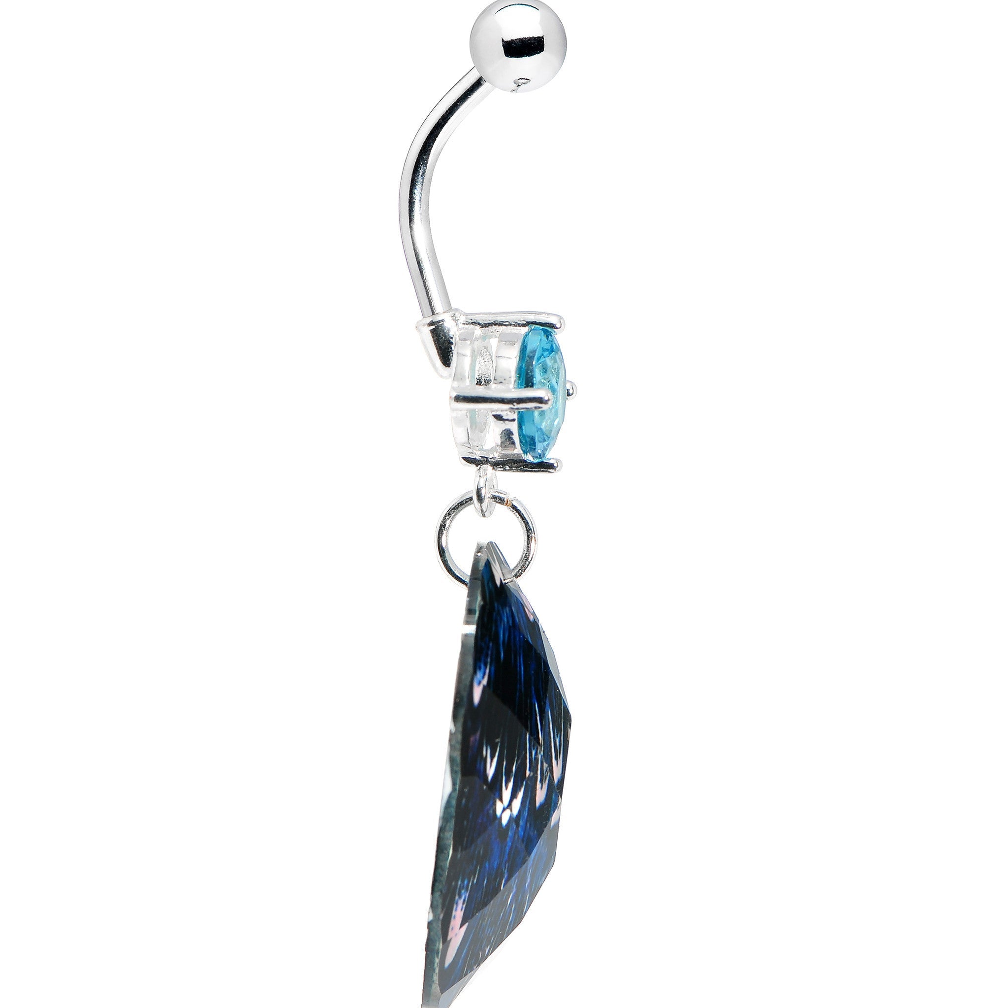 BodyCandy Prong Set Blue Gem Paradise Feather Oval Dangle Belly Ring — detail close-up