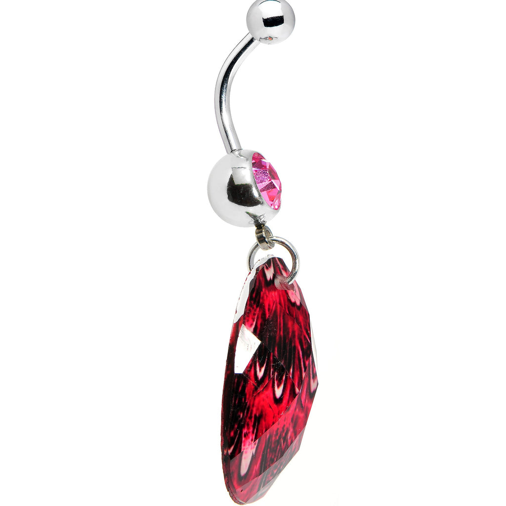 BodyCandy Pink Gem Paradise Feather Oval Dangle Belly Ring — detail close-up