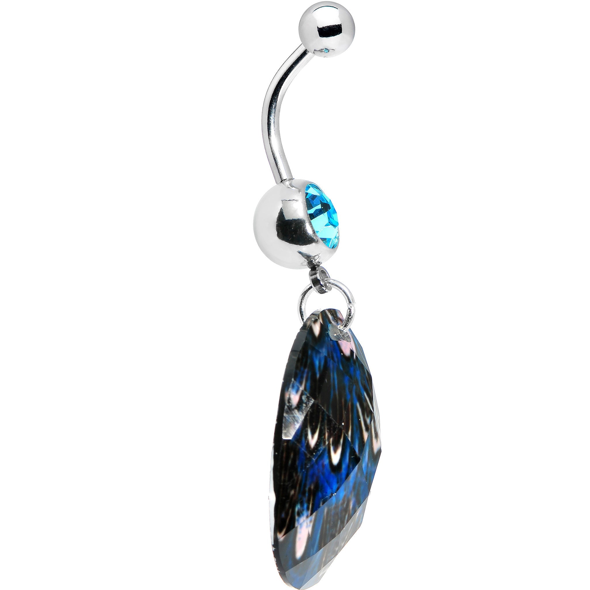 BodyCandy Blue Gem Paradise Feather Oval Dangle Belly Ring — detail close-up