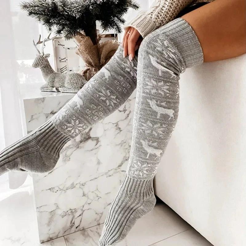 MANDOTOS Christmas Knitted Stockings Elk Snowflake Over-The-Knee Socks Free Size For Women
