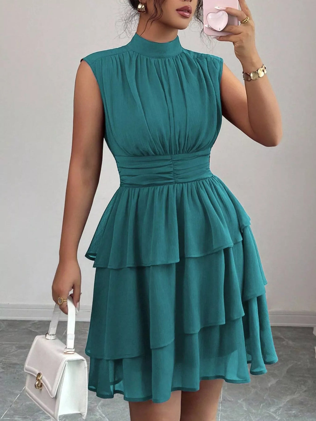 Sleeveless Mock Neck Layered Ruffle Dress