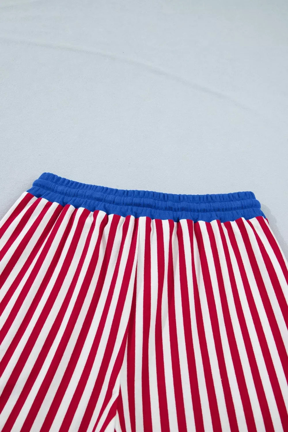 Stripe Colorblock Trim V Neck Tee Drawstring Elastic Waist Shorts Set