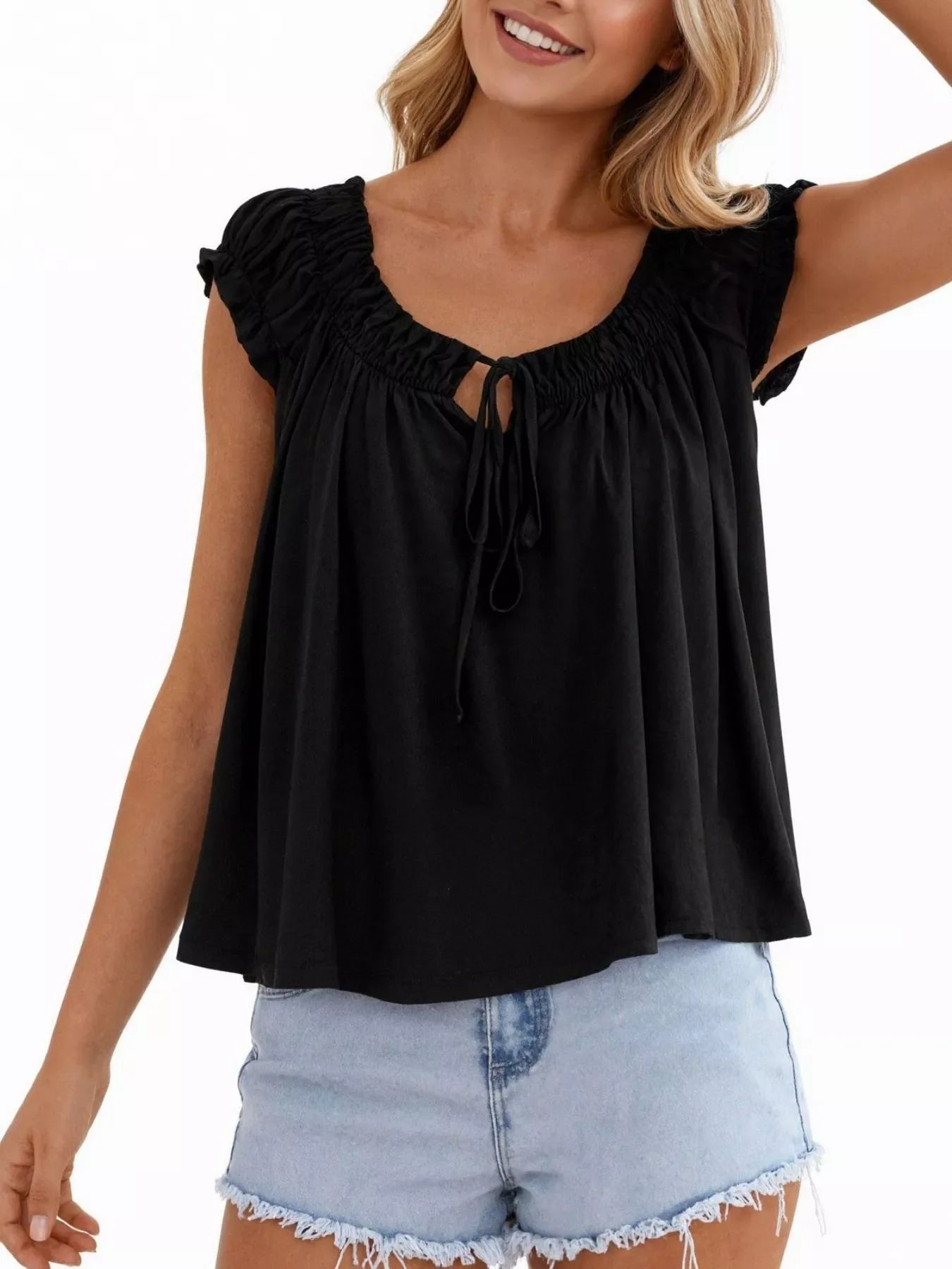 Tie Front Solid Color Blouse