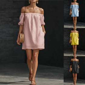 Women's Cotton-Linen Off-Shoulder Puff-Sleeve Loose Mini Dress