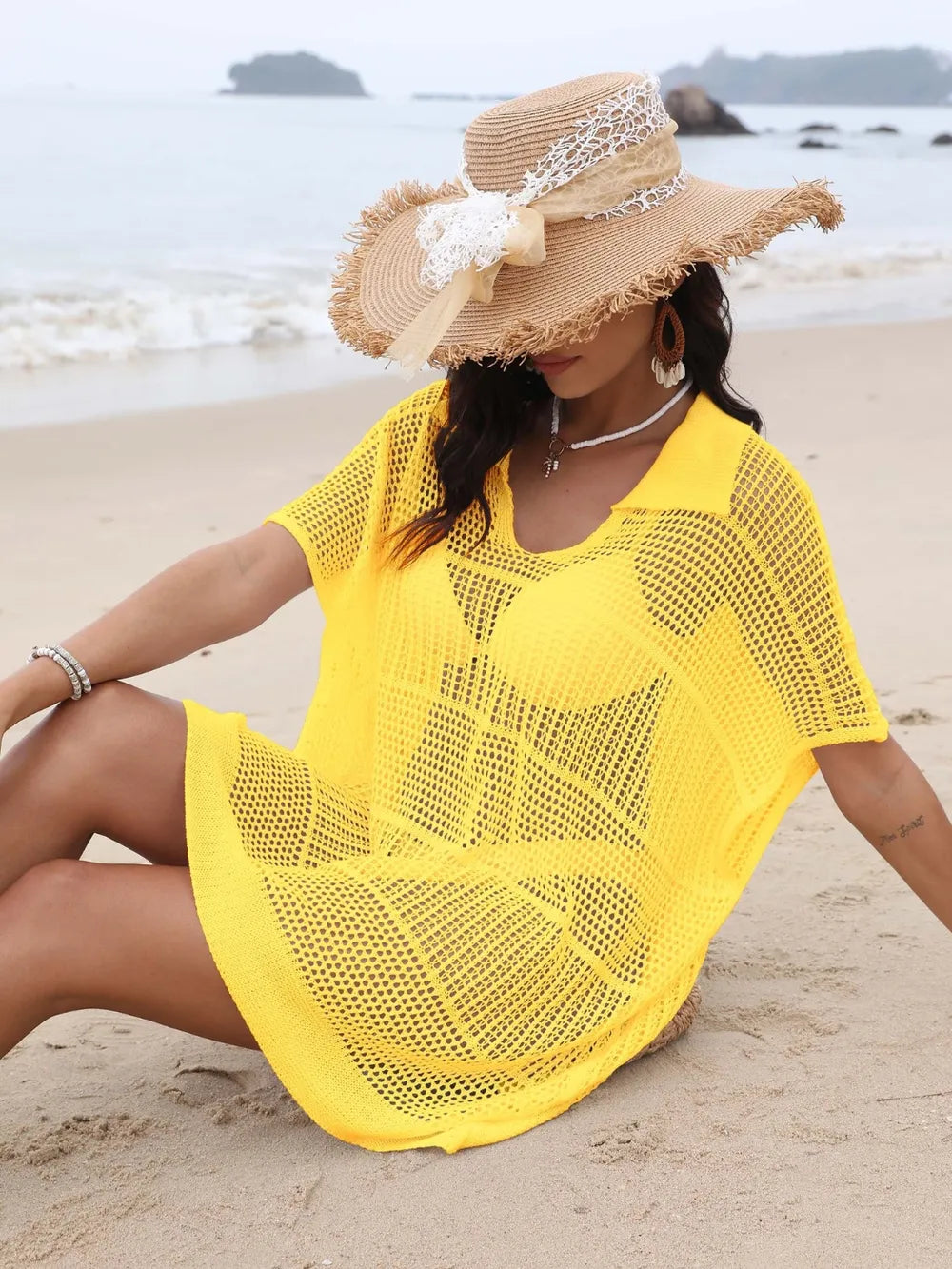 Hollow Out Collared Neck Cover-Up
