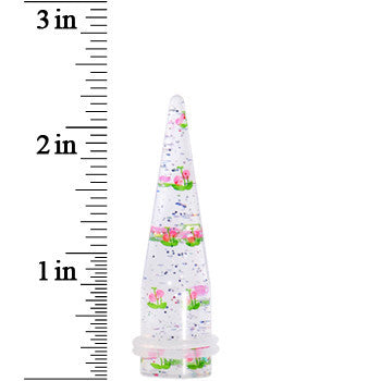 BodyCandy 9/16 Clear Acrylic Glitter Pink Cherry Confetti Taper — detail close-up