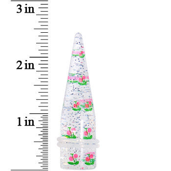 BodyCandy 5/8 Clear Acrylic Glitter Pink Cherry Confetti Taper — detail close-up