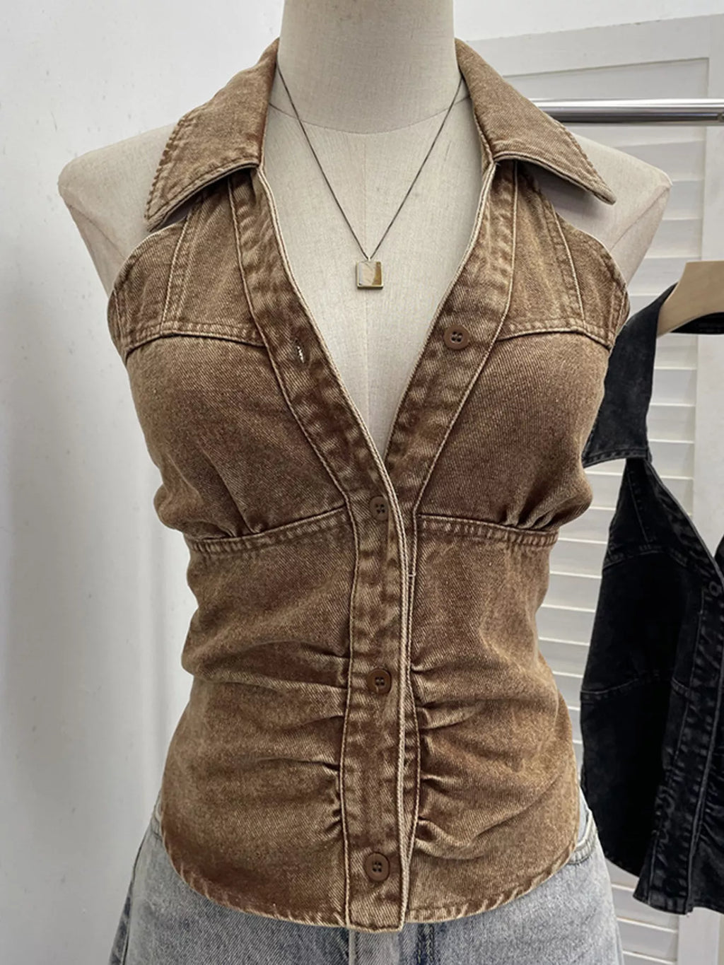 Smocked Denim Halter Collar Top