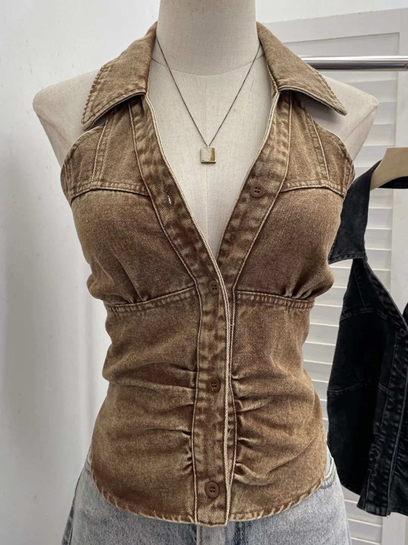 Smocked Denim Halter Collar Top