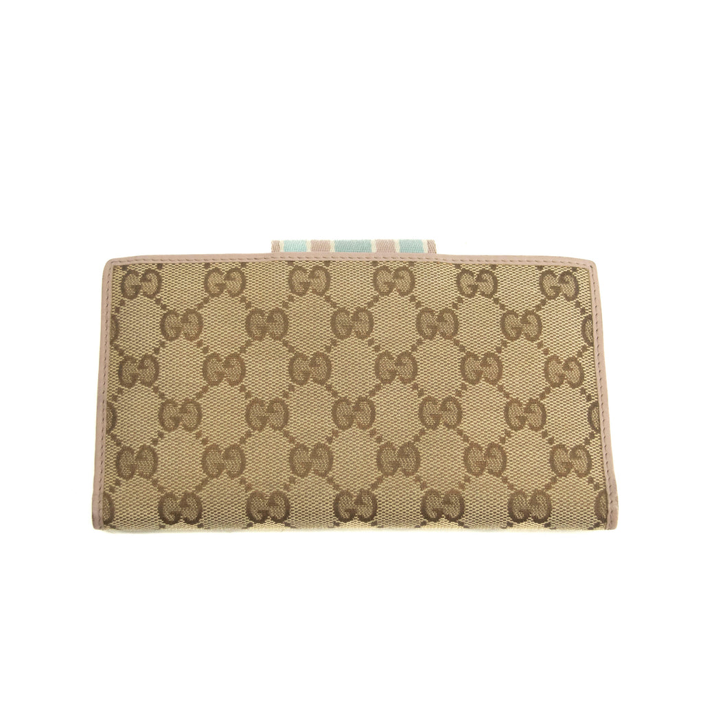 Bolt Boutique Gucci Beige & Pink GG Canvas French Flap Long Wallet #3920 — detail close-up