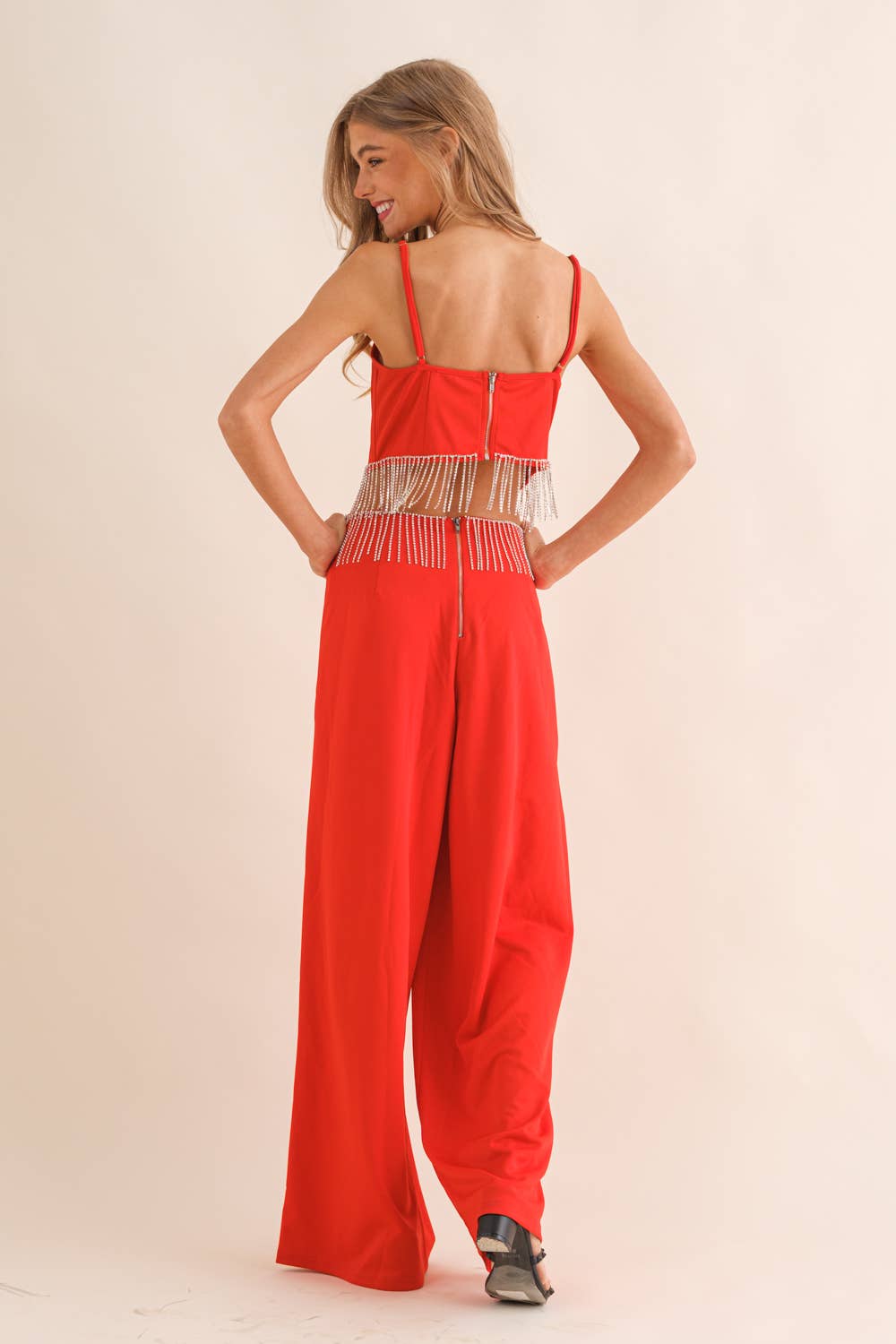 Pretty Little Patriot Pretty Little Patriot Red Rhinestone Cowgirl Jumpsuit — lifestyle worn / used context