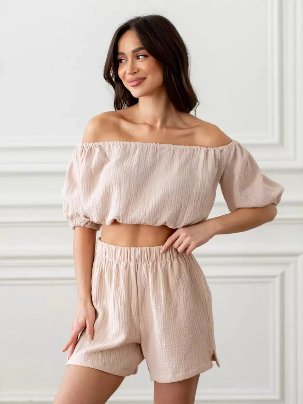 Off-Shoulder Cropped Top and Shorts Set