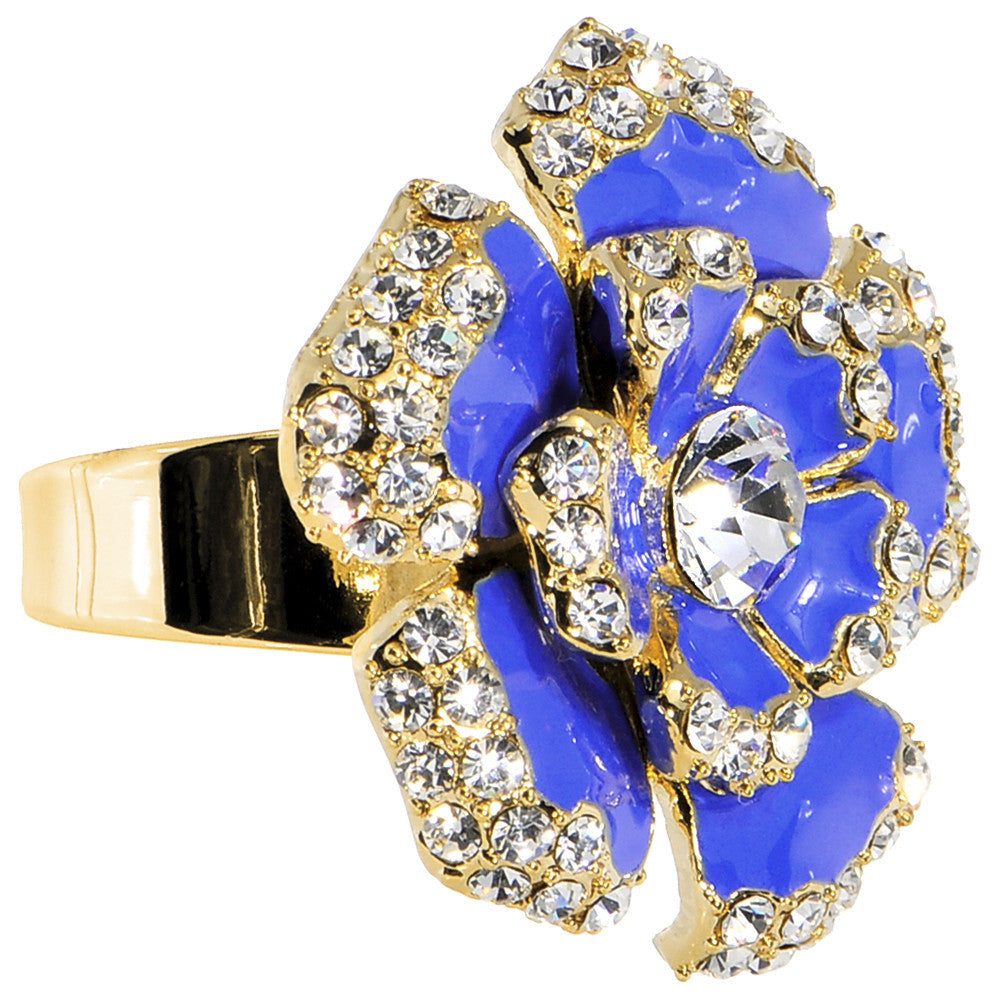 BodyCandy Gold Tone Crystalline Blue Enamel Flower Adjustable Ring — main product shot