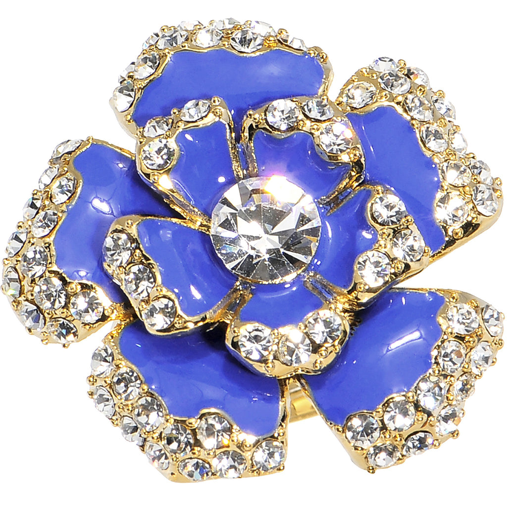 BodyCandy Gold Tone Crystalline Blue Enamel Flower Adjustable Ring — detail close-up