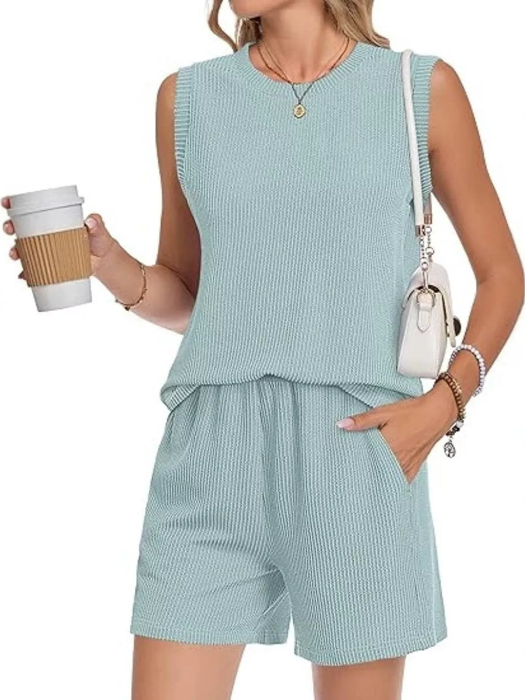 Casual Ribbed Knit Sleeveless Top and Shorts Set