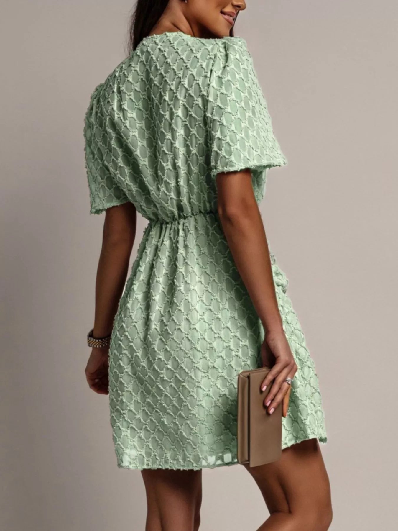 Textured V-Neck Ruched Mini Dress