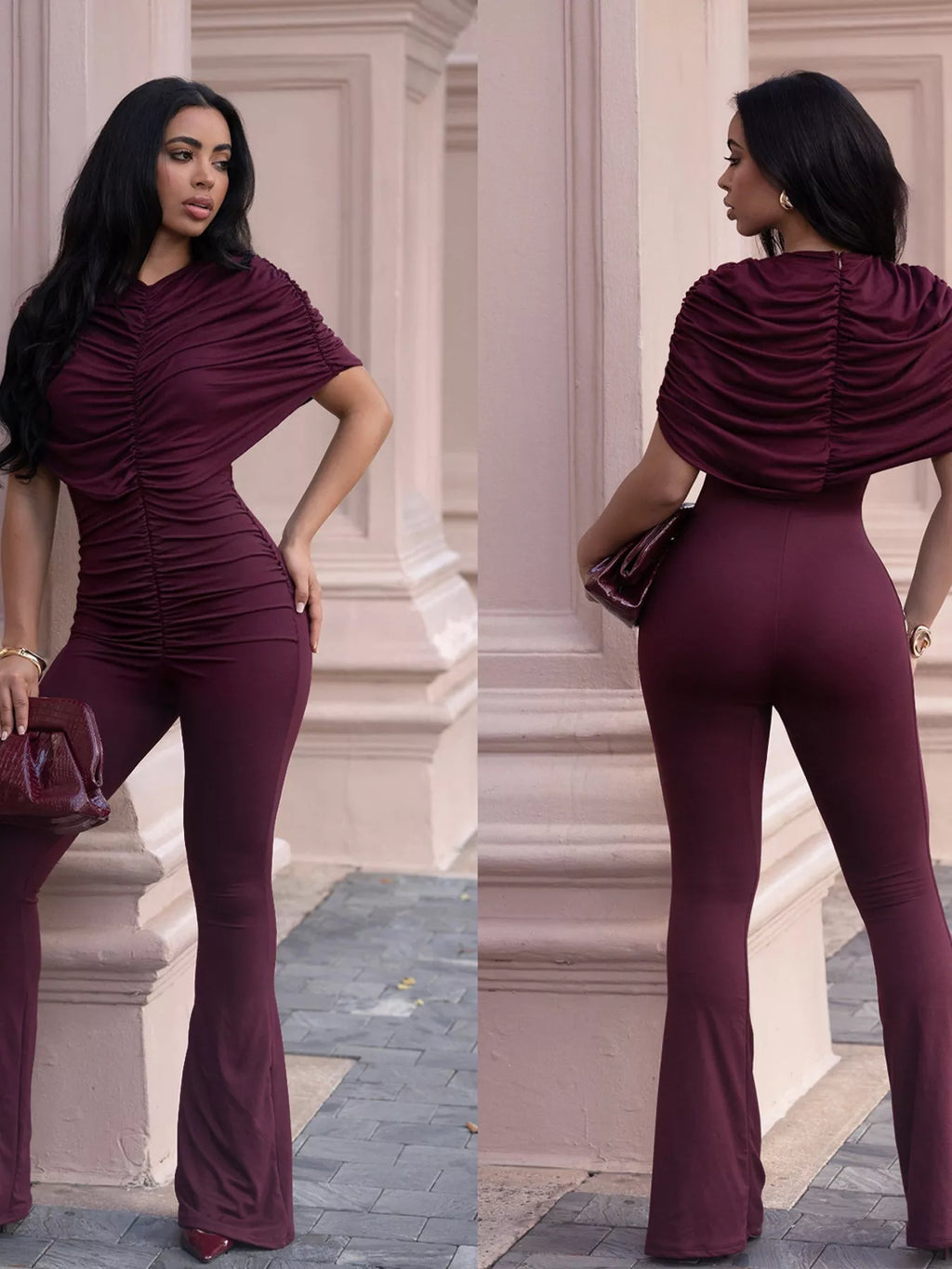 Ruched Flare Leg Jumpsuit