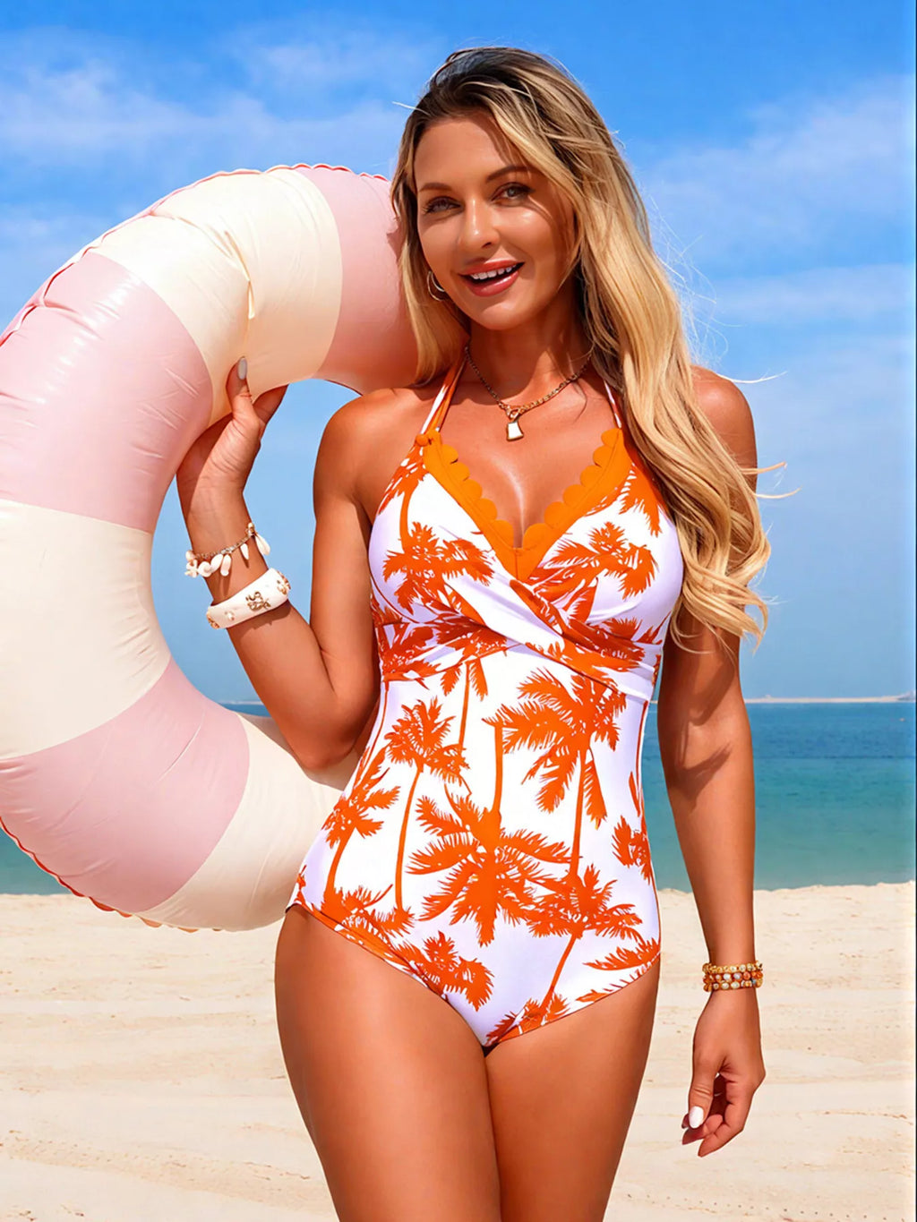 Tropical Palm Print Halter Neck One-Piece Swimsuit