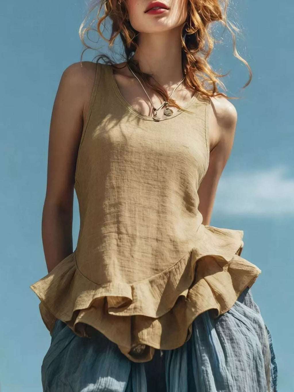 Ruffled Hem Round Neck Tank