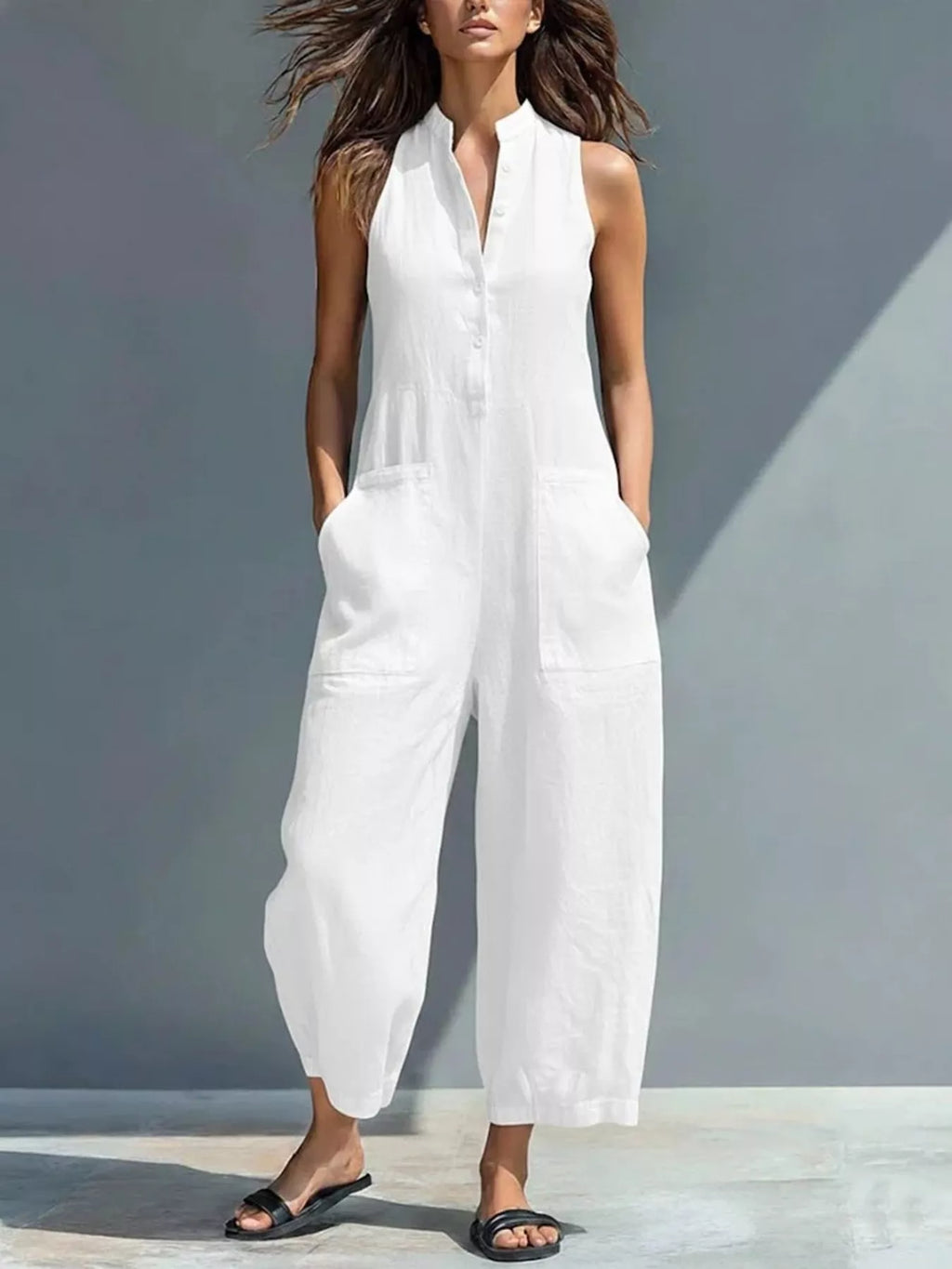 Full Size Button Front Sleeveless Jumpsuit Plus Size
