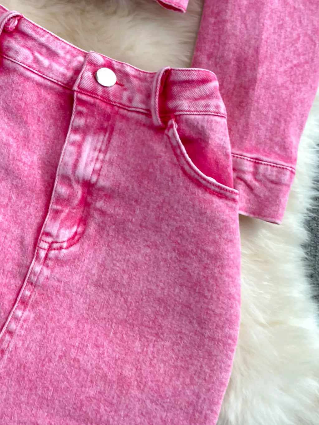 Button Up Jacket and Slit Skirt Denim Set