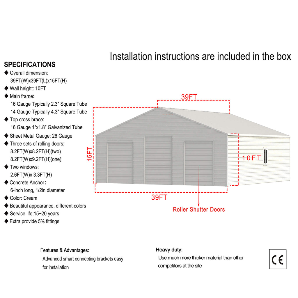 [39X39FT] Extra-Large Heavy-Duty Galvanized Steel Barn Building Shed With 3 Rolling Door Garages (SAK10234) – SAKSBY WHOLESAL