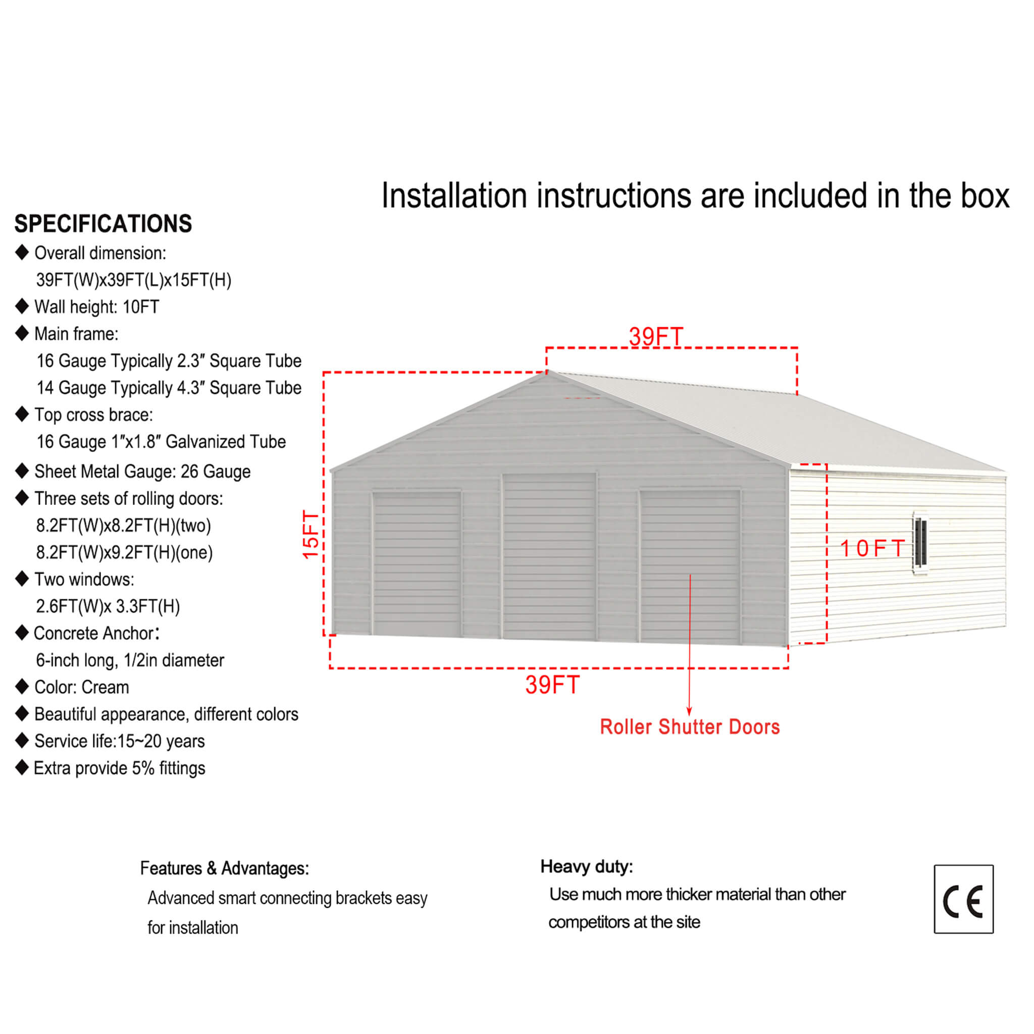 [39X39FT] Extra-Large Heavy-Duty Galvanized Steel Barn Building Shed With 3 Rolling Door Garages (SAK10234) – SAKSBY WHOLESAL