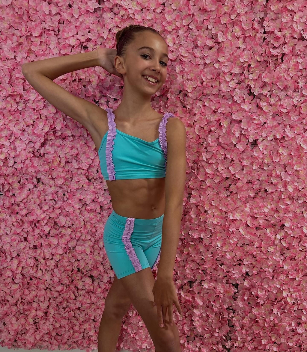 Tightspot Dancewear Center Custom Made Mint & Lilac Ruffle Short Set — detail close-up