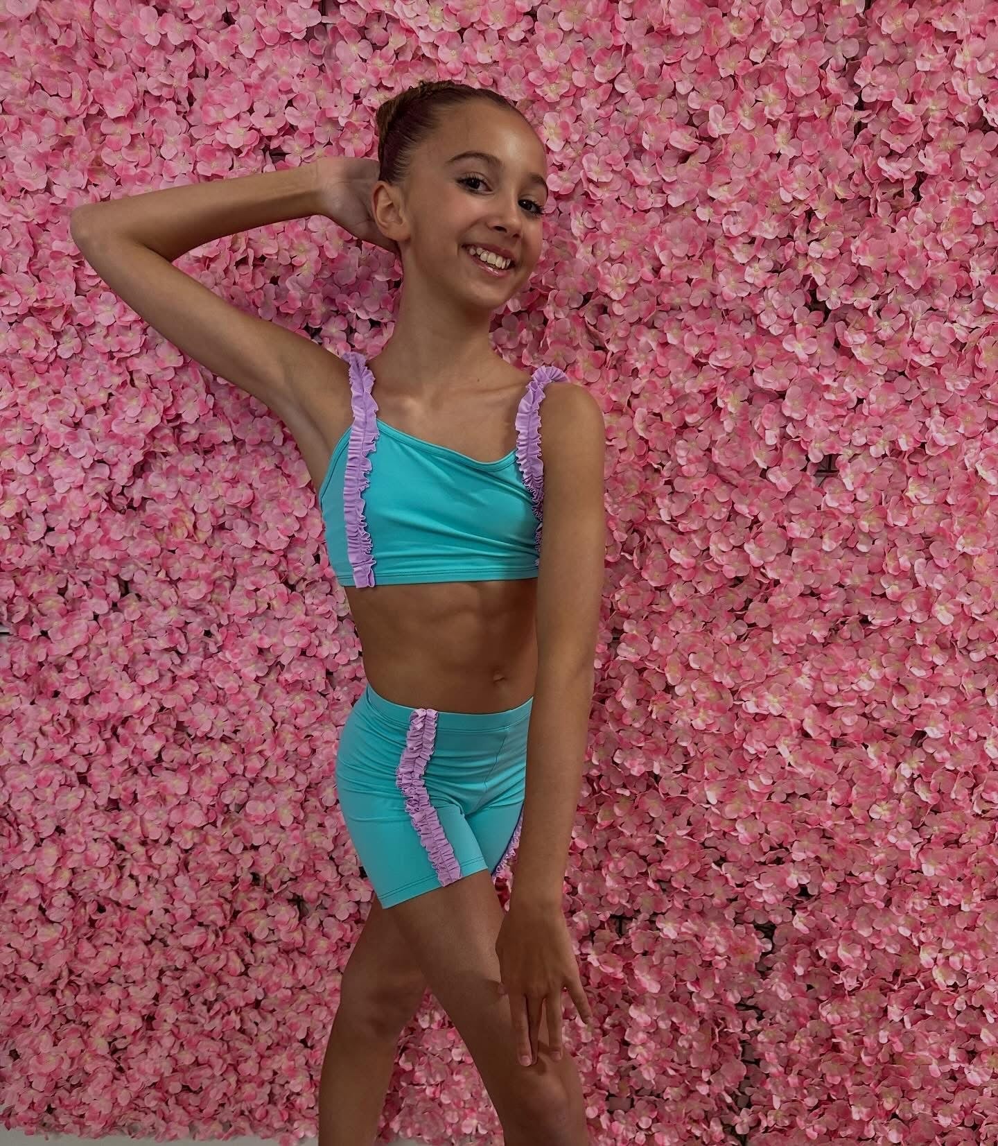 Tightspot Dancewear Center Custom Made Mint & Lilac Ruffle Short Set — detail close-up