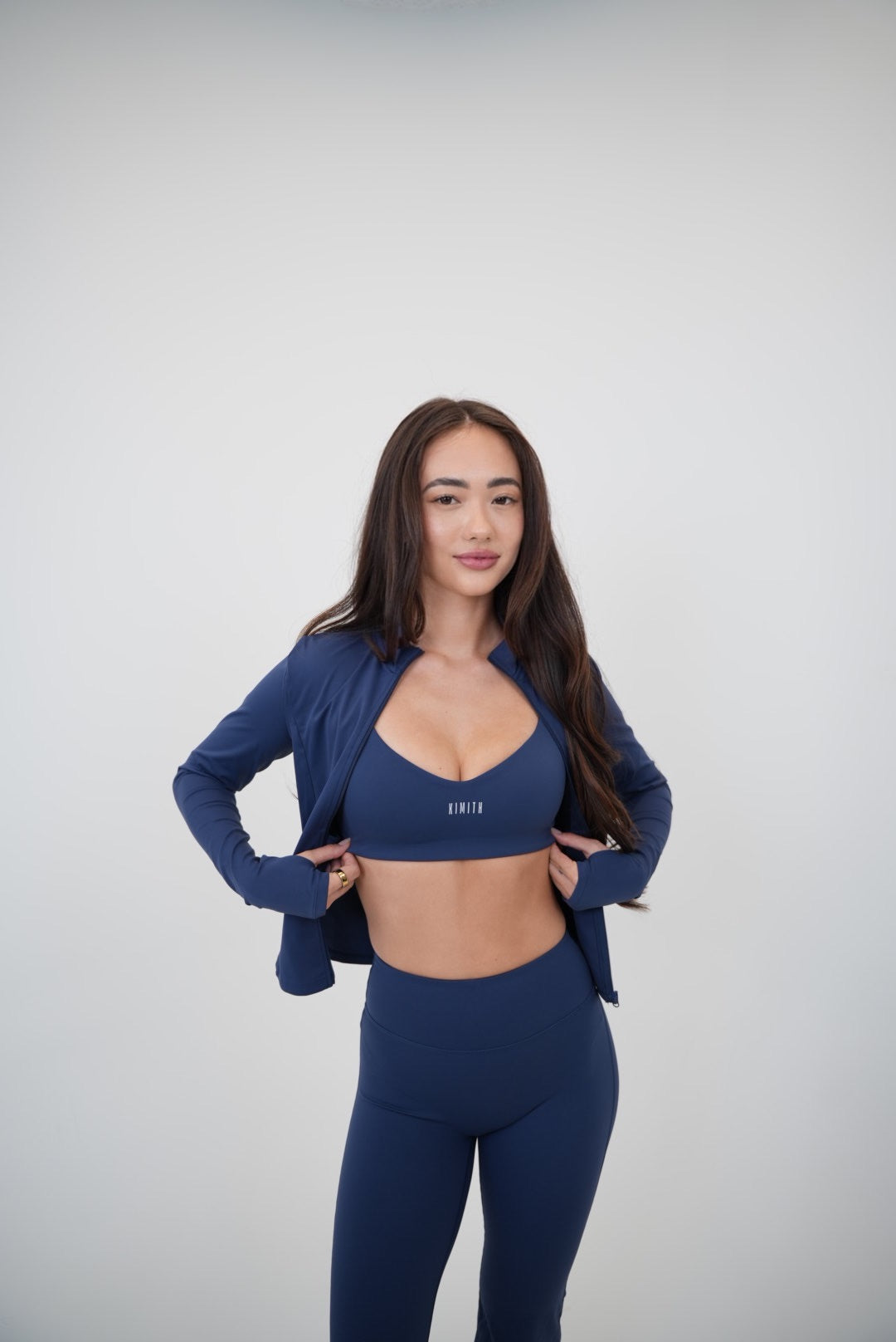KIMITH BRAND I Live in Luxury Navy Blue Sports Bra — side view
