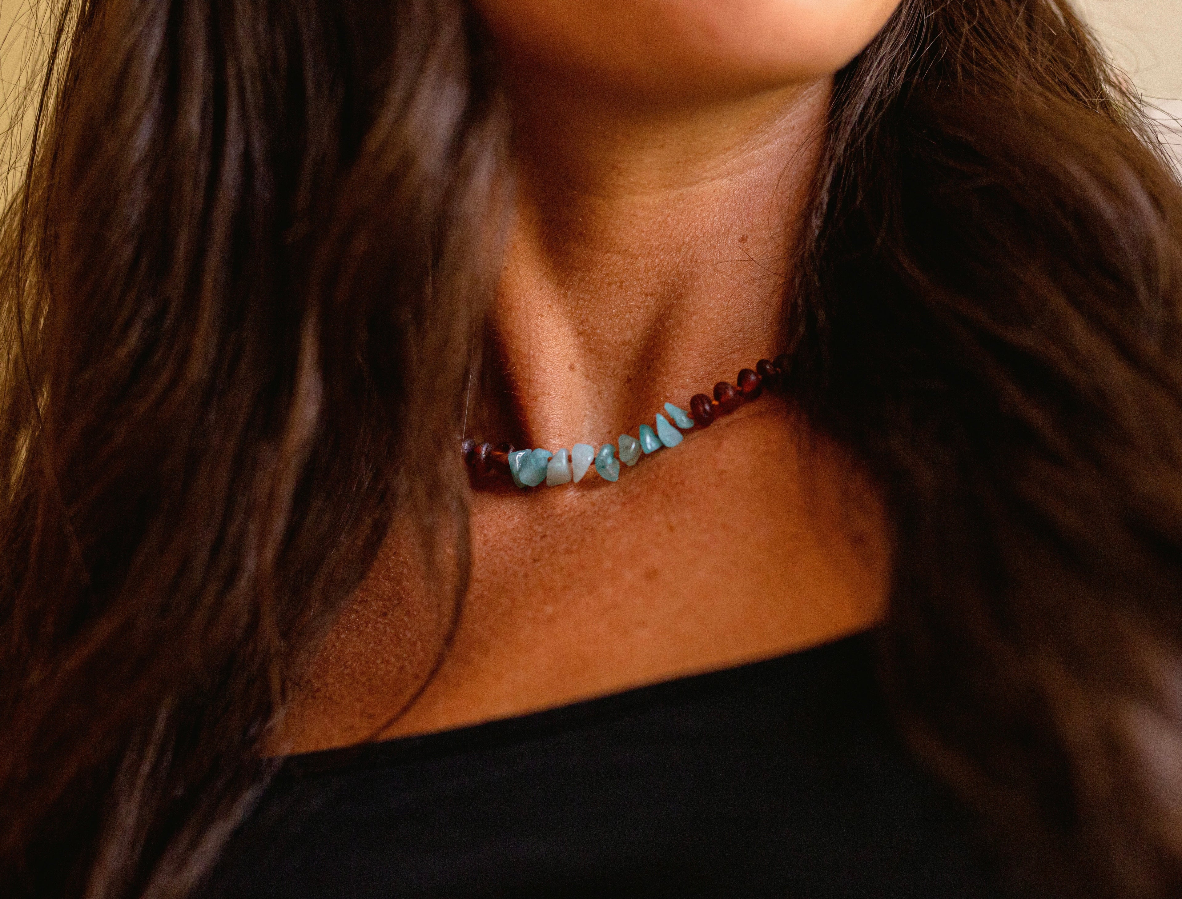 CanyonLeaf Raw Cognac Baltic Amber + Aquamarine || Necklace — detail shot 7
