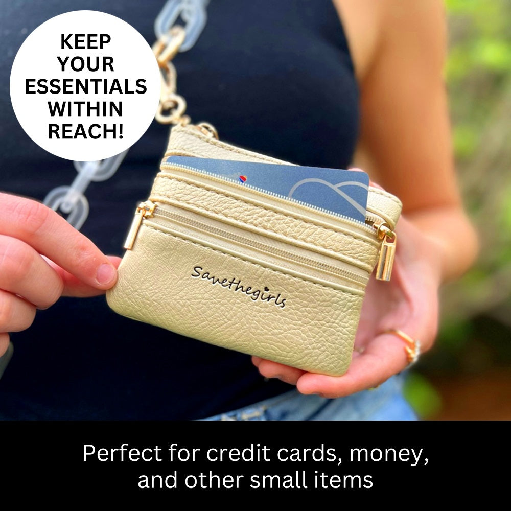 SaveTheGirls Zippered Pouch Gold w/Silver Hardware — detail close-up