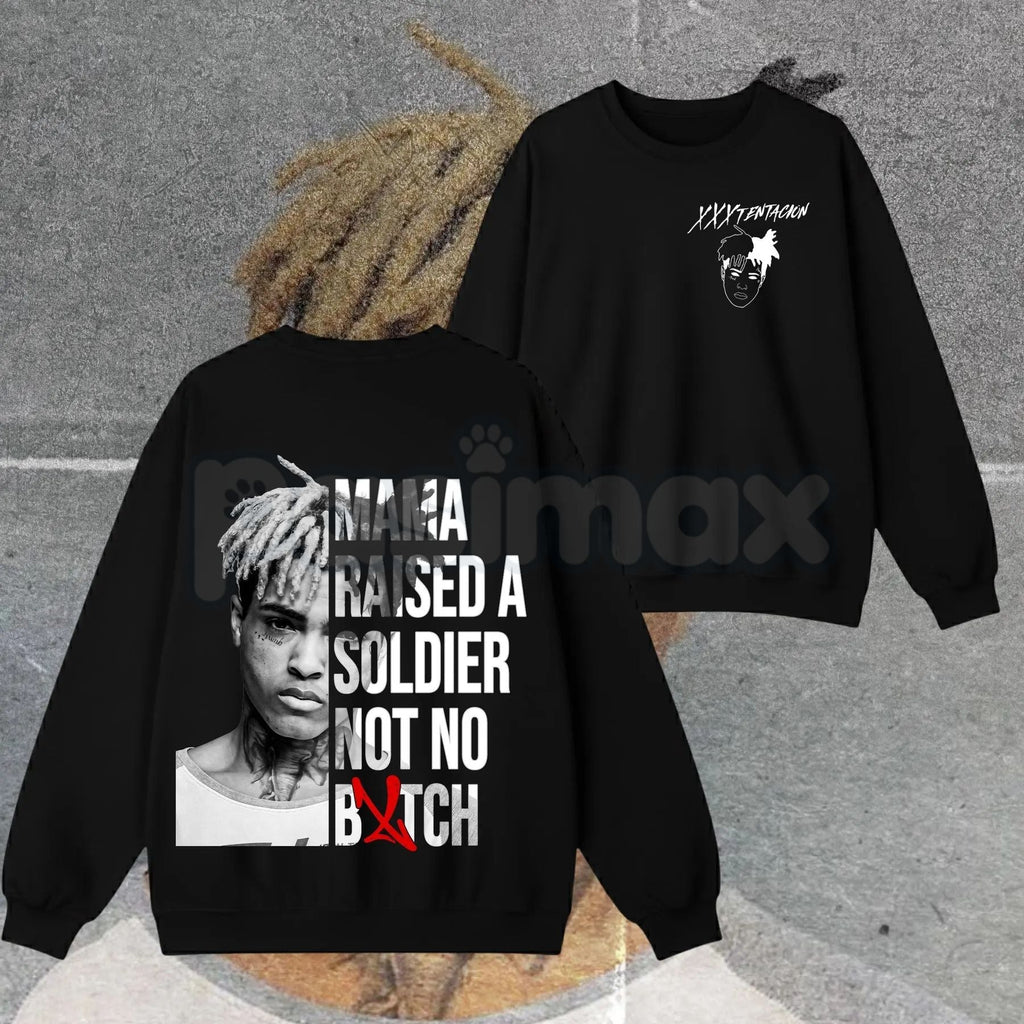Pasimax XXXTentacion Hoodie – Mama Raised A Soldier Shirt, Vintage Rapper 2-Sided Graphic T-Shirt & Sweatshirt — lifestyle co