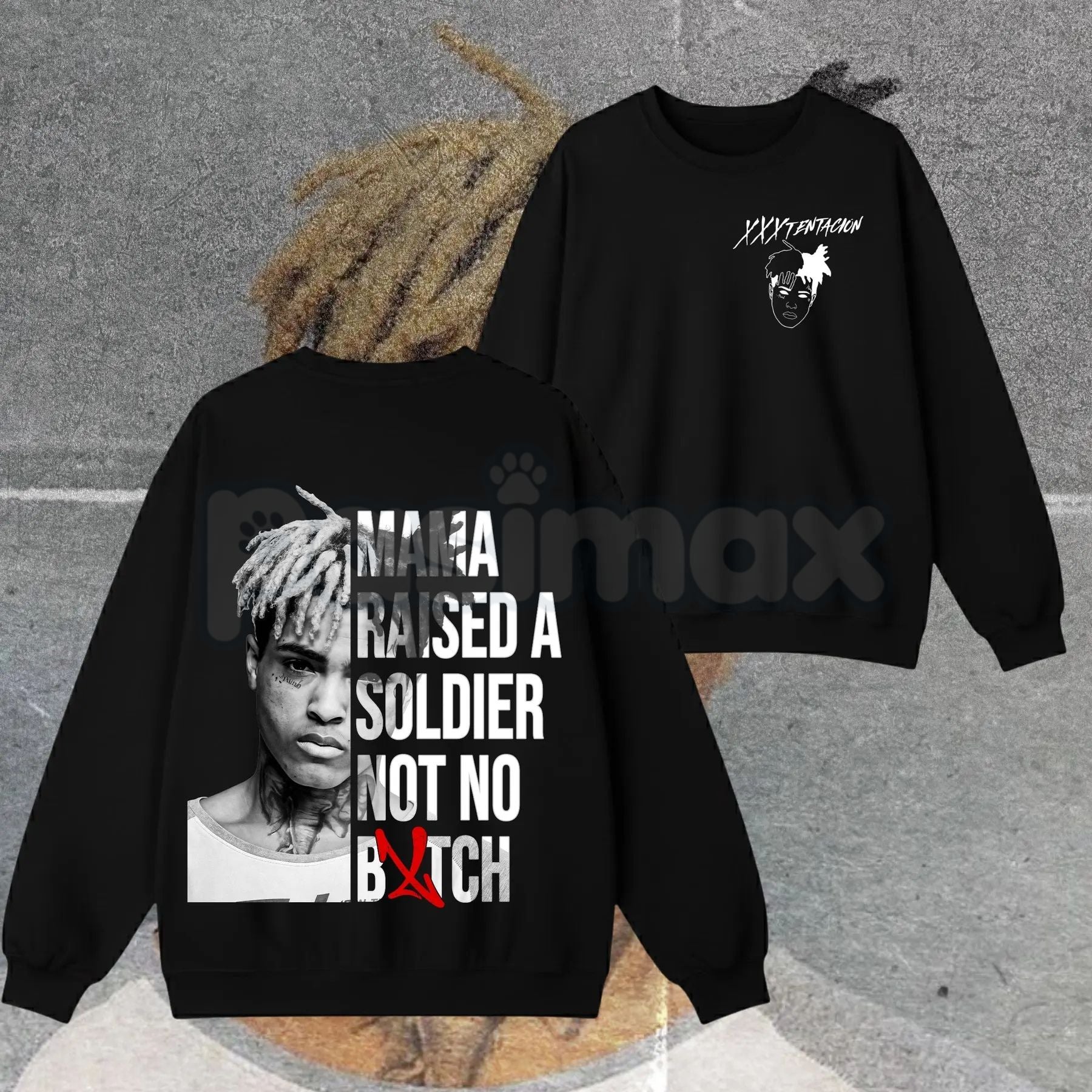 Pasimax XXXTentacion Hoodie – Mama Raised A Soldier Shirt, Vintage Rapper 2-Sided Graphic T-Shirt & Sweatshirt — lifestyle co