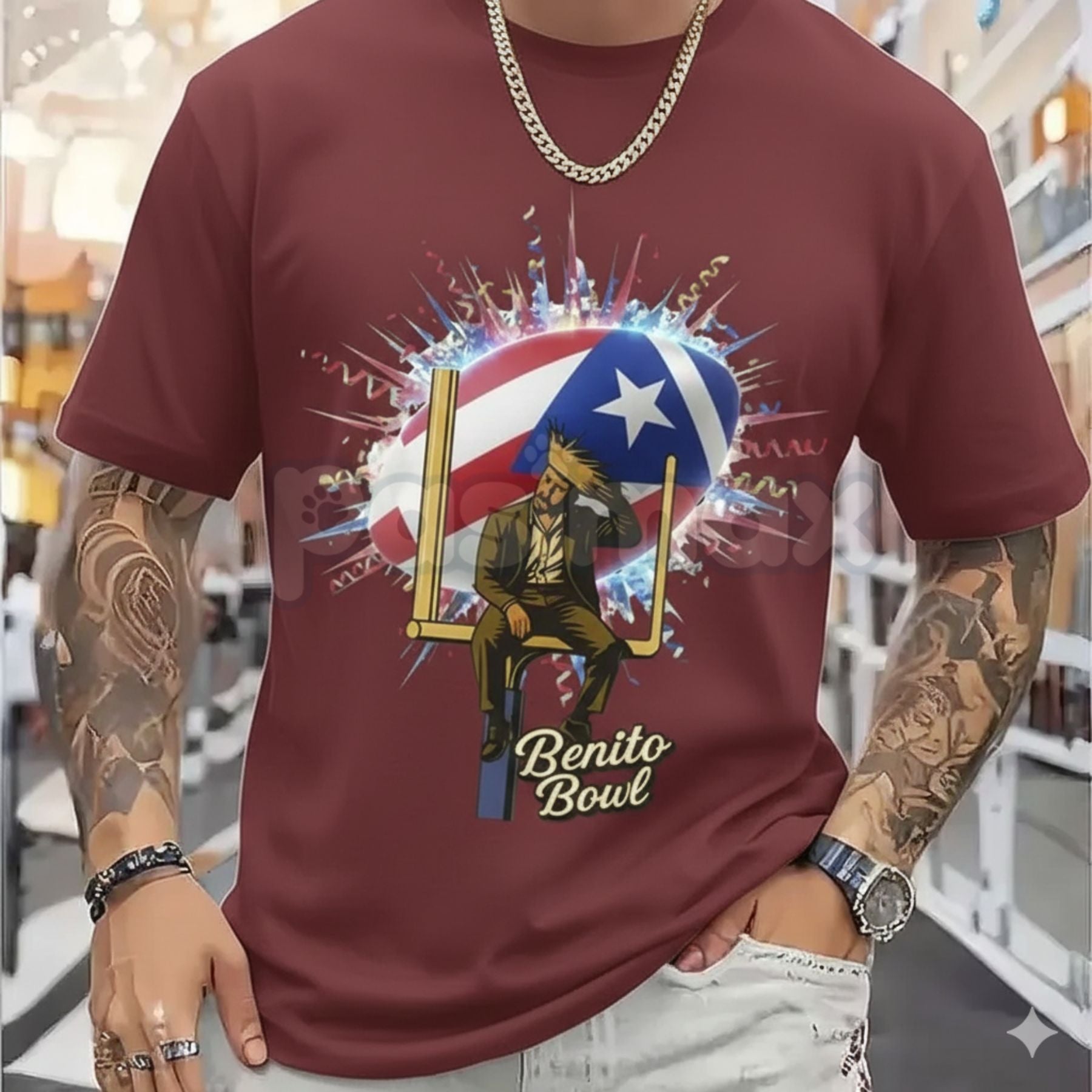 Pasimax Unisex "Benito Bowl" Football Helmet Star T-Shirt - Bad Bunny Inspired Sports Graphic Tee, Premium Heavyweight Varsit
